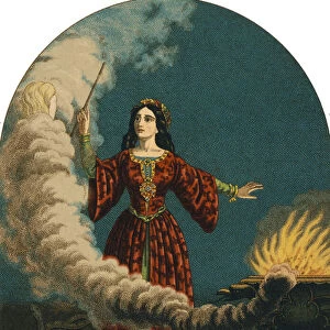 A magician (witch) preparing sortileges with a magic wand, a cauldron and snakes