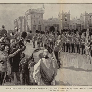 Her Majesty presenting a State Colour to the Scots Guards at Windsor Castle, "Three Cheers for the Queen"(litho)