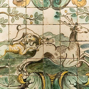 Majolica tiles depicting dogs chasing a deer from The Hunting Room