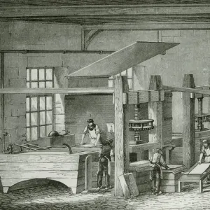Making paper by hand by sieving pulp in forms. Engraving c1870 Making paper by hand by sieving pulp in forms. Engraving c1870