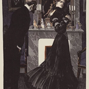 Man bringing an end to his affair with his married mistress (colour litho)