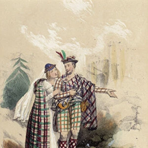 A man carrying a kilt and his companion in front of a castle; illustration for Scotland