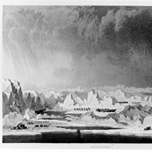Man-handling the boats through ice hummocks, illustration from