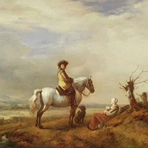 Man on a horse with a woman and child (oil on panel)
