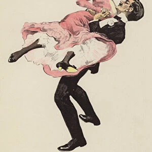 Man lifting a masked woman (colour litho)
