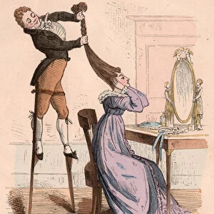 A man on stilts helping a woman twisting her hair vigorously (colour engraving)