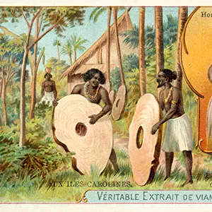 Man and woman from the island of Yap, and stomes used as money, Caroline Islands (chromolitho)