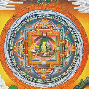 Manjushree Mandala, where the central figure represents the god of wisdom Manjushree, the legendary creator of the Kathmandu valley (gouache on cloth)