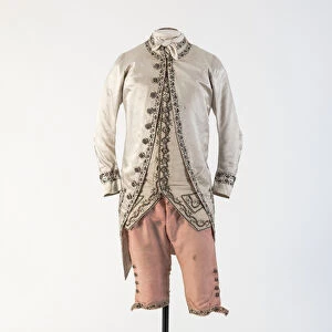 Mans cream silk satin embroidered coat and pink silk breeches, 1780s (silk)