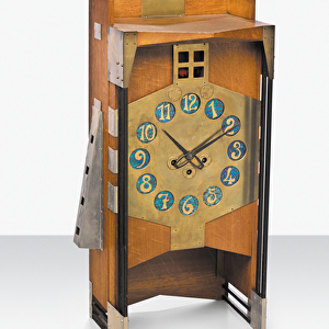 A Mantel Clock, c. 1907 (oak, brass with iridescent Loetz glass numerals)