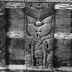Maori carvings and tukutuku panels at Tamatekapua meeting house in Ohinemutu, c