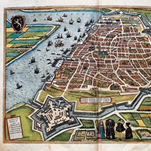 Map of Antwerp, from "Civitates orbis terrarum"(coloured engraving)