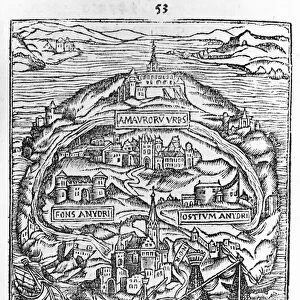 Map of the Island of Utopia, Book frontispiece, 1563 (engraving) (b / w photo)