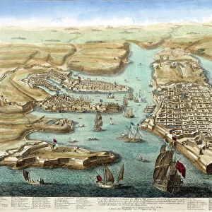Map of the port of Malta, its fortifications and the castle. 18th century engraving