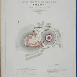 Maps 150.d.9 Map of Mill Mount Barracks, Drogheda, surveyed in 1862 (hand-coloured engraving)