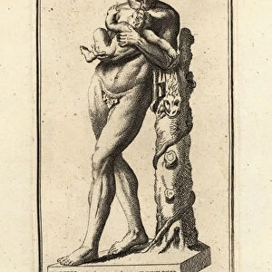 Marble statue of Silenus cradling the infant Dionysus, Louvre. 1779 (engraving)