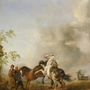 A mare and a stallion in front of a house (oil on panel)