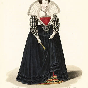 Margaret of Valois, Marguerite de France, daughter of King Henry II, first wife of King Henry IV, 1552-1615. Portrait from 1572 showing her in high upright lace collar, Spanish court dress with corset, vertugadin or farthingale, pearl necklace