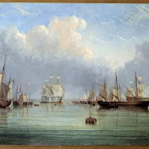 Marine Ships and sailboats moored. Painting by Arthur Wellington Fowles (1815-1883