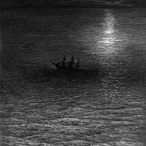 The marooned ship in a moonlit sea, scene from The Rime of the Ancient Mariner by S