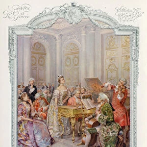 Marquise singing for her guests at a soiree, 18th Century (colour litho)