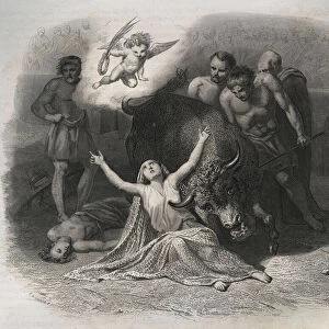 Martyrdom of Saint Blandine of Lyon and Ponticus in the arena in 177 during the persecutions of the first Christians. Engraving from 1846 in "Lives of the saints". Private collection