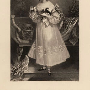 Mary Frances Elizabeth Stapleton, 17th Baroness le Despencer, aged 15. Later wife of Evelyn Boscawen, 6th Viscount Falmouth. Hair in ringlets, wearing an off-the-shoulder dress with ribbons and lace, lace bloomers, holding a pet squirrel