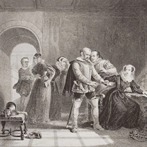 Mary Queen of Scots (1542-87) compelled to sign her abdication in Lochleven Castle in 1567