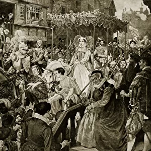 Mary Queen of Scots enters Edinburgh, 1561, illustration from Hutchinson