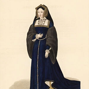 Mary Tudor, daughter of Henry VII of England, Queen to King Louis XII of France, 1496-1533. She wears a gable hood, a blue velvet especially trimmed with gold embroidery, fur sleeves called rebras, a jeweled belt