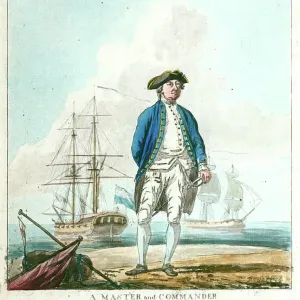 A master and commander with a sloop of war, 1777 (coloured etching)