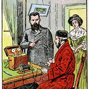 Medicine. Use of electrical apparatus (electrotherapy). Imagery from a series on the Wonder of Electricity, France, c.1910