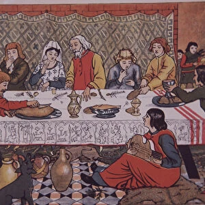 Medieval lord of manor dining (colour litho)
