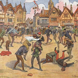 Medieval townsfolk enjoying themselves (colour litho)