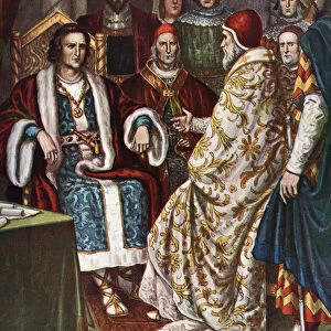 The meeting between king of Franks Pepin the Brief (715-768) and Pope Stephen (Stephanus) II (752-757) on 6 / 01 / 754 at Ponthion near Vitry-le-Francois (Marne) which will lead to the donation of Pepin (or deals with Quierzy)