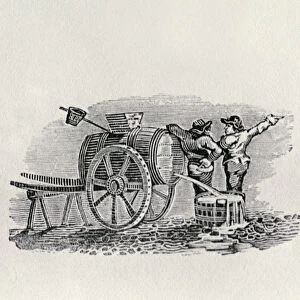 Two Men with a Barrel Cart (wood engraving)