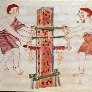 Two men saw a marble trunk (miniature, 9th century)