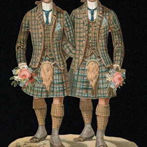 Men in Scottish dress with flowers, Christmas card (chromolitho)