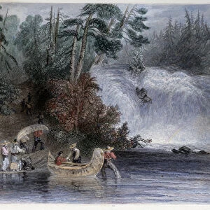 Men wearing canoes at the passage of a torrent by settlers - in "