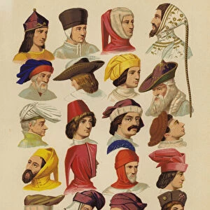 Mens hats and headdresses, 13th-16th Century (chromolitho)