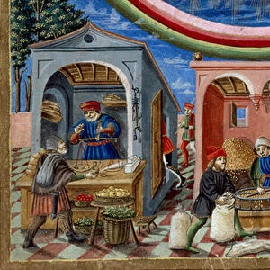 Detail of merchants selling various items: on the left, a merchant of fruits