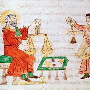 Merchants using scales to weigh and bargain. Miniature taken from the manuscript "