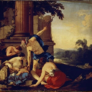 "Mercure confie l education de Bacchus aux nymphes de Nysa"(Mercury giving the child Bacchus to the Nymphs of Nysa) Peinture de Laurent de la Hyre (1606-1656) 1638 Dim. 112