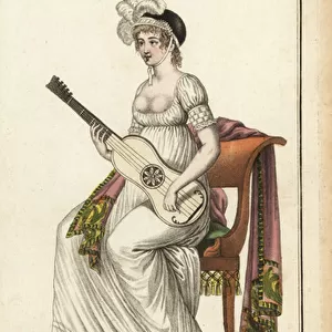 Merveilleuse playing a guitar, 1800 (handcoloured copperplate engraving)