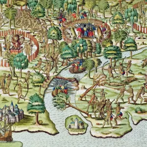 Methods of Sieging and Attacking, from Americae Tertia Pars... 1592 (coloured engraving)