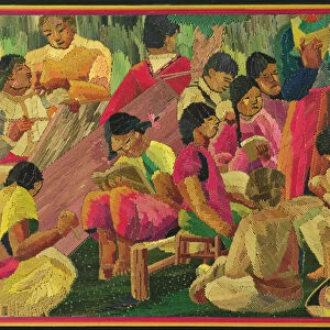 Mexican village scene (coloured straw painting)