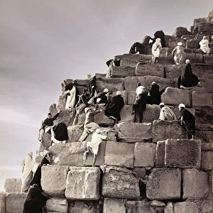 Mid-19th century tourists climbing the Great Pyramid of Giza with the aid of local guides
