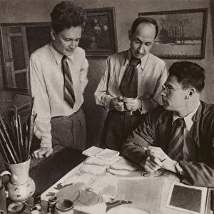 Mikhail Kupriyanov, Porfiri Krylov and Nikolai Sokolov, Soviet Russian cartoonists (b / w photo)