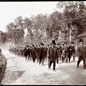 Military parade with uniformed men in top hats in Dobbs Ferry, New York