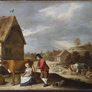 A Milkmaid and a Shepherd Outside a Cottage, late 1640s (oil on copper)
